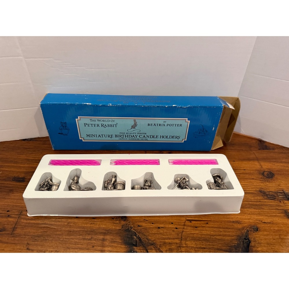 Vintage 1992 Godinger Peter Rabbit Pewter Miniature Birthday Candle Holders Set